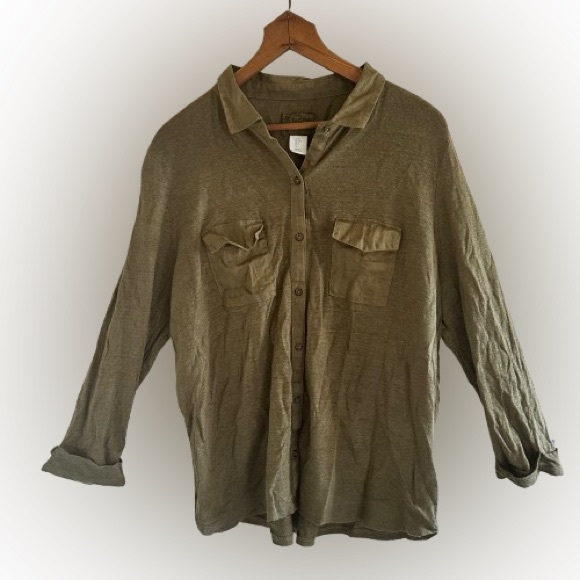 Sigrid Olsen Linen Olive Button‑Up Top L Quiet Luxury Cottagecore Minimalist - Picture 2 of 9